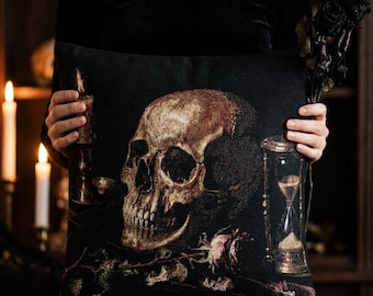 Vanitas Skull Woven Tapestry Cushion Cover | Memento Mori Gothic Still Life Pillow | Dark Academia Whimsigoth Occult Decor | Macabre Gift