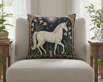 Medieval Unicorn Woven Tapestry Cushion | Navy Blue & Gold Jacquard Fantasy Unicorn Pillow | 17×18" Luxury Mythical Creature Home Décor Gift