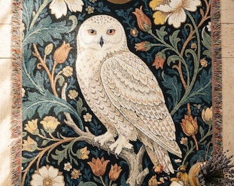 William Morris Owl Woven Blanket | Arts & Crafts Botanical Tapestry Throw | Cottagecore Snowy Owl Wall Hanging | Dark Academia Nature Gift