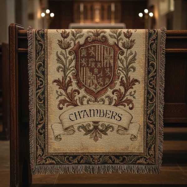 Personalized Medieval Heraldic Crest Woven Blanket | Custom Family Surname Tapestry Throw | Coat of Arms Style | Vintage Floral Custom Gift