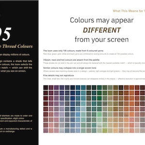May include: Image displays a color palette with 195 weavable thread colors. Text explains that colors may appear different on screen. The palette includes a wide range of hues, from deep reds and blues to soft greens and browns.