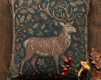 Stag Pillow Medieval Woven Tapestry | Forestcore Deer Millefleur Cushion | Medieval Home Decor | Dark Cottagecore | Housewarming Gift