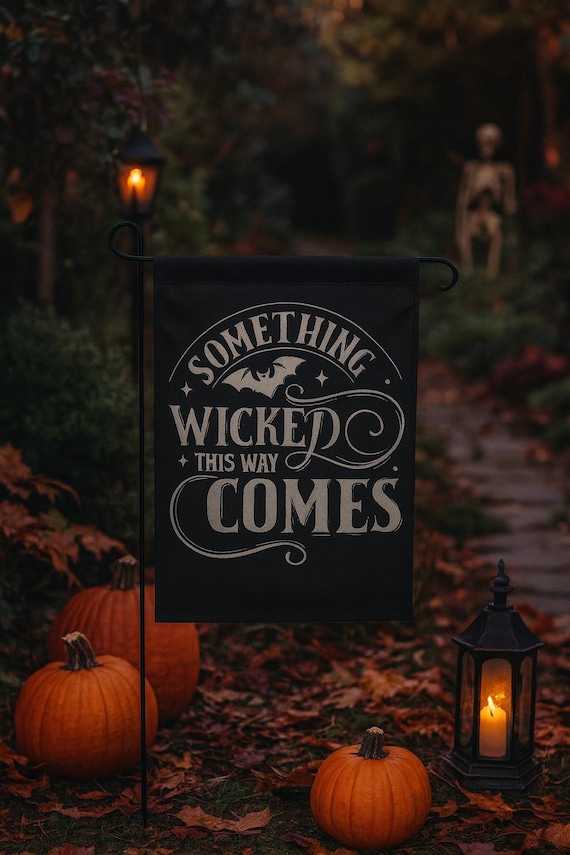 Something Wicked This Way Comes Halloween Yard Flag | Black & White | Double Sided Poly Poplin Canvas Banner | Witchy Gothic Outdoor Decor