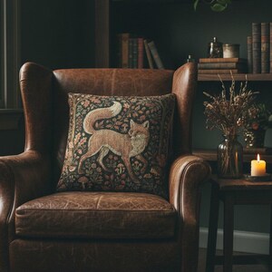 Medieval Millefleur Fox Woven Tapestry Cushion Cover | William Morris Inspired | Cottagecore Woodland Botanical Pillow | Fox Lover Gift image 2