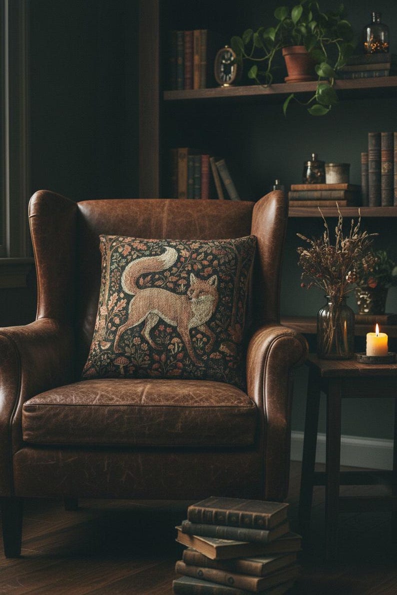 Medieval Millefleur Fox Woven Tapestry Cushion Cover | William Morris Inspired | Cottagecore Woodland Botanical Pillow | Fox Lover Gift image 2