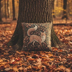 May include: A decorative square pillow featuring a fox design, resting against a tree trunk in a forest setting. The pillow has a dark background with a detailed illustration of a fox in shades of brown and orange. The scene is surrounded by fallen autumn leaves.