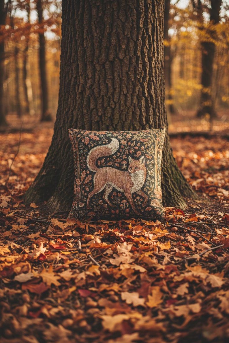 May include: A decorative square pillow featuring a fox design, resting against a tree trunk in a forest setting. The pillow has a dark background with a detailed illustration of a fox in shades of brown and orange. The scene is surrounded by fallen autumn leaves.