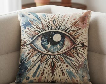 神秘的なタロットの目模様の編み込みクッション | 第三の目枕 | 天体ボヘミアン風デコレーション | 魔女の占星術風ホームアクセント | スピリチュアルなスロークッションギフト