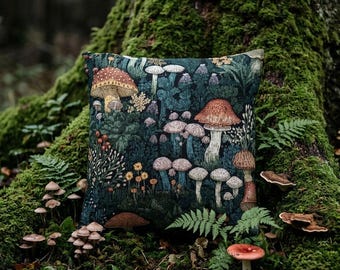 Mushroom Woven Tapestry Pillow | Dark Cottagecore Goblincore Pillow | Forestcore Witchy Decor | Fungi Lover Fairycore Housewarming Gift