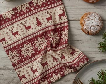 Nordic Reindeer Cloth Napkins | Red & Cream Scandinavian Christmas Table Linen | Snowflake Knit Inspired Winter Decor | Holiday Cozy Dining
