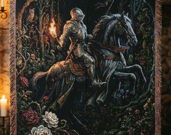 Medieval Knight Woven Blanket | Dark Academia Tapestry Throw | Gothic Forest Castlecore Decor | Fantasy Fringe Blanket | DnD Book Lover Gift