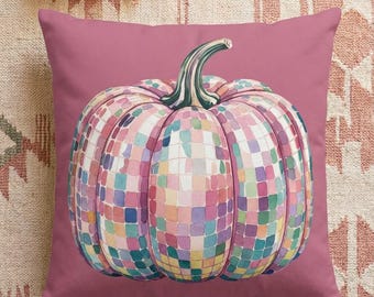 Pink Pumpkin Disco Halloween Cushion Cover | Pastel Pumpkin Throw Pillow 18×18 20×20 | Cute Fall Decor | Farmhouse Pumpkin Housewarming Gift