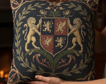 Medieval Heraldic Crest Blue Woven Cushion | Gothic Coat of Arms Tapestry Pillow | Regal Lion & Griffin Home Decor | Dark Academia Accent