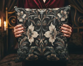 Gothic Floral Woven Tapestry Cushion Cover | Dark Academia Victorian Botanical Pillow | Whimsigoth Maximalist Decor | Black Damask Sofa Gift