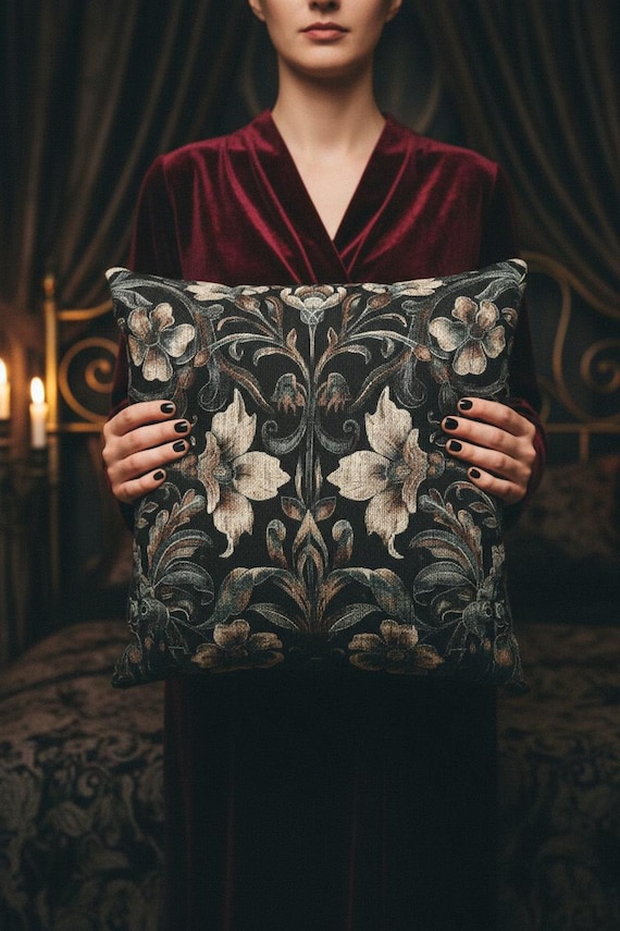 Gothic Floral Woven Tapestry Cushion Cover | Dark Academia Victorian Botanical Pillow | Whimsigoth Maximalist Decor | Black Damask Sofa Gift