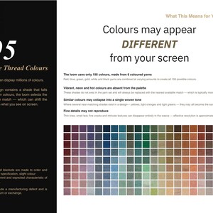 May include: Image displays a color palette with 195 weavable thread colors. Text explains that colors may appear different on screen. The palette includes a wide range of hues, from deep reds and blues to soft greens and browns.