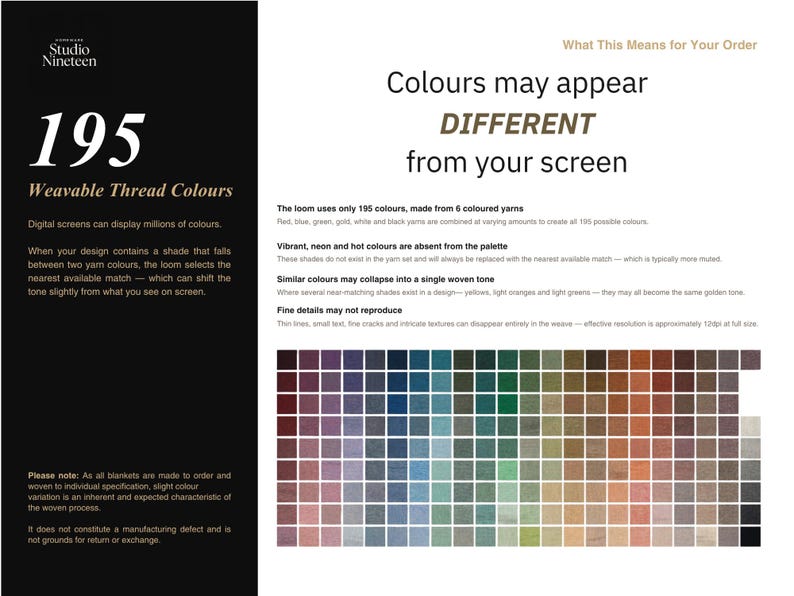 May include: Image displays a color palette with 195 weavable thread colors. Text explains that colors may appear different on screen. The palette includes a wide range of hues, from deep reds and blues to soft greens and browns.