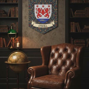 May include: A decorative wall banner with the name "O'NEILL" displayed on a scroll. The banner features a coat of arms with red lions and stars on a white shield, set against a blue and floral patterned background. A brown leather armchair is in the foreground.