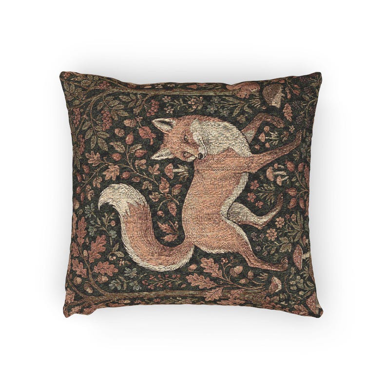 Medieval Millefleur Fox Woven Tapestry Cushion Cover | William Morris Inspired | Cottagecore Woodland Botanical Pillow | Fox Lover Gift image 12