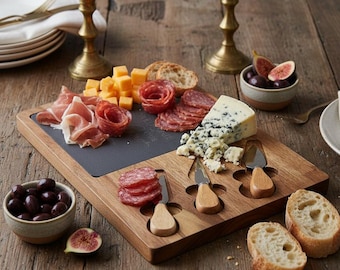 Engraved Slate & Acacia Wood Charcuterie Board Set | Rustic Cheese Grazing Tray | Welcome Home Hostess Gift | Christmas Housewarming Present