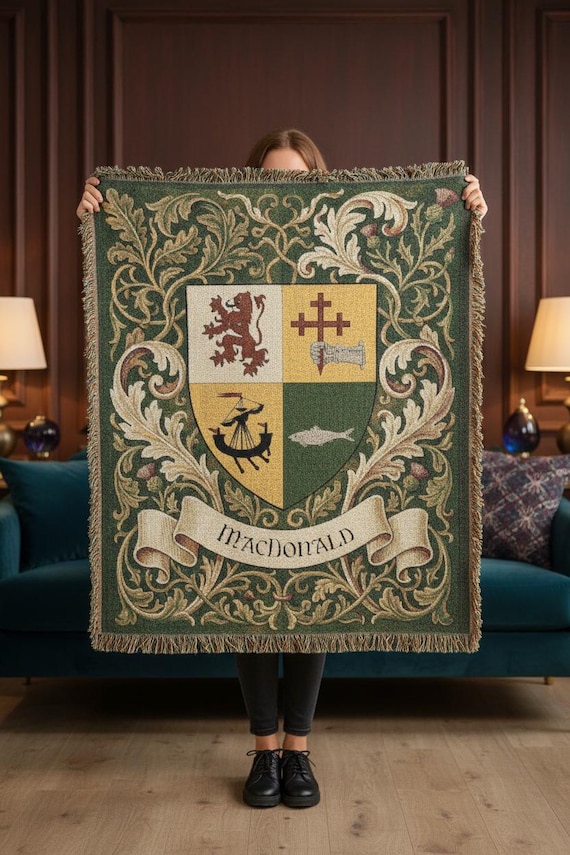 Custom Family Crest Woven Blanket | Personalised Coat of Arms Surname Throw | Medieval Heraldic Tapestry | Castlecore Heritage Keepsake Gift