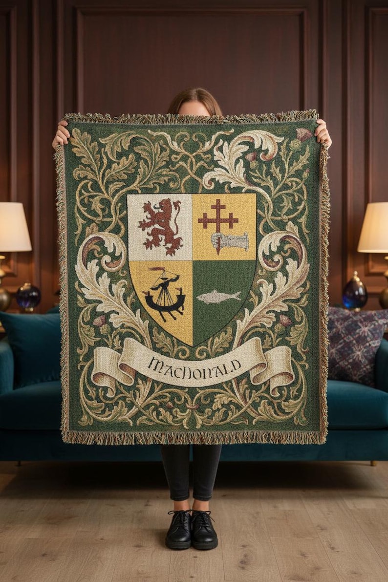Custom Family Crest Woven Blanket | Personalised Coat of Arms Surname Throw | Medieval Heraldic Tapestry | Castlecore Heritage Keepsake Gift image 1