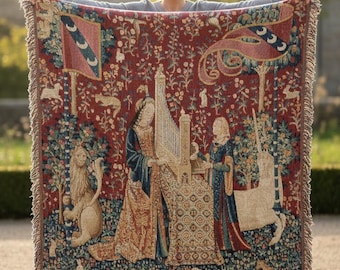 Lady & the Unicorn Medieval Tapestry Blanket | Historic Unicorn Wall Hanging | Dark Academia Medieval Decor | Vintage Flemish Tapestry Throw