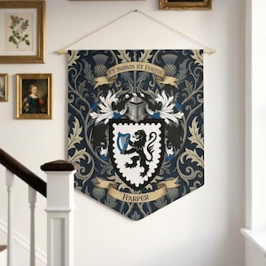 May include: A navy blue wall hanging with a family crest design. The crest features a black lion holding a harp on a white shield, with the name "HARPER" below. The banner reads "ET SIFAVIS ET FORTIS".