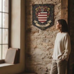 May include: A decorative wall banner featuring a crest design with red and white stripes, a star, and floral accents. The banner has the word "SWASH" on a scroll. The banner is hanging on a stone wall.