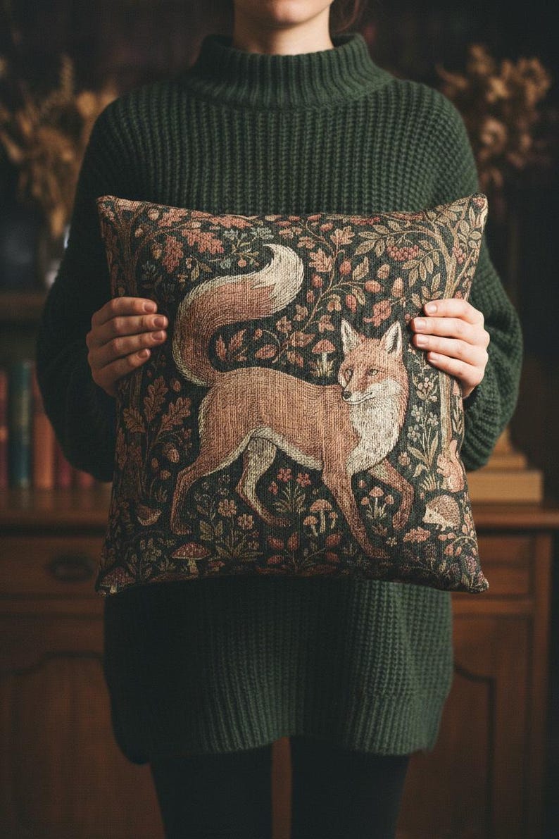 May include: Decorative throw pillow featuring a detailed illustration of a fox in a forest setting. The pillow has a dark background with floral and mushroom accents. The fox is depicted in shades of brown and white.