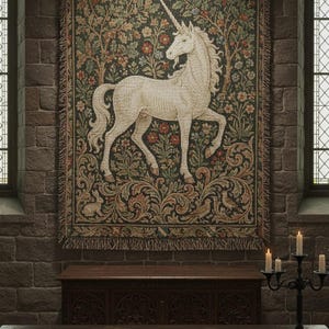May include: A large tapestry depicting a white unicorn with a long horn, set against a backdrop of a dark forest with flowers and foliage. The tapestry is fringed and hangs on a wall in a room with stone walls and arched windows.