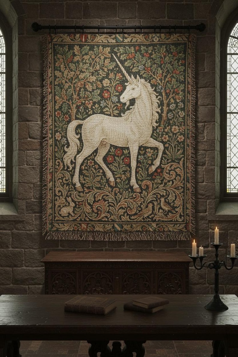 May include: A large tapestry depicting a white unicorn with a long horn, set against a backdrop of a dark forest with flowers and foliage. The tapestry is fringed and hangs on a wall in a room with stone walls and arched windows.