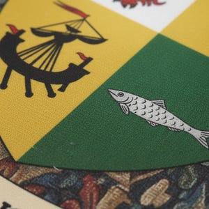 May include: Close-up of a heraldic emblem with a quartered design. The top left section is yellow with a black ship, the top right is white with a red lion, and the bottom right is green with a silver fish.