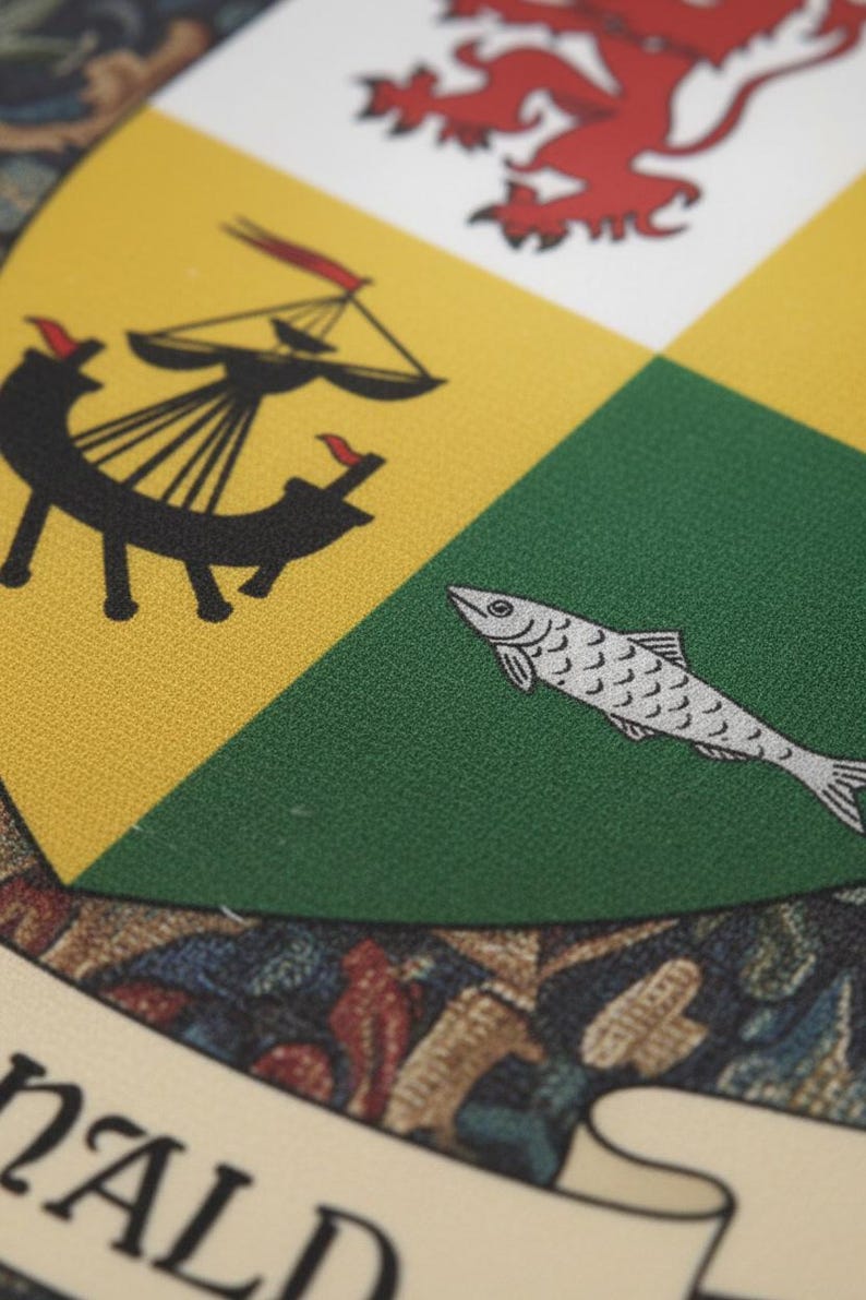 May include: Close-up of a heraldic emblem with a quartered design. The top left section is yellow with a black ship, the top right is white with a red lion, and the bottom right is green with a silver fish.
