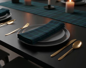 Blue & Green Tartan Check Napkins | Holiday Christmas Plaid Cloth Napkins Cocktail/Dinner | Scottish Farmhouse Table Linens 10×10" 22×22"