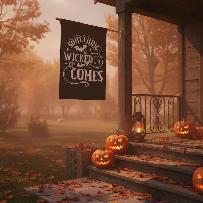 May include: A Halloween-themed porch scene with carved pumpkins, a lit lantern, and a black banner that reads "Something Wicked This Way Comes." The scene is set outdoors with fall foliage and a wooden porch.