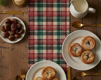 レッド グリーン & クリーム タータンチェック柄 クリスマステーブルランナー | クラシックチェック ホリデーテーブルデコレーション | ファームハウス ウィンターダイニングリネンギフト 16×72 16×90