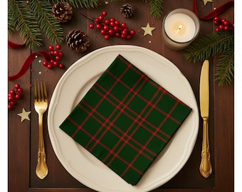 Green & Red Tartan Cloth Check Napkins | Christmas Plaid Table Linens | Holiday Farmhouse Dining Decor | Reusable Winter Napkin 10x10 22x22