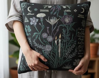 Witchy Botanical Woven Cushion | Black Poisonous Plants Pillow | Dark Academia Apothecary Decor | Occult Herbarium | Gothic Cottagecore