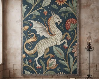 Mythical Dragon Woven Blanket | Medieval Fantasy Tapestry Throw | Forest Dragon Art, Folklore & Gothic Cottagecore | Castlecore Home Decor