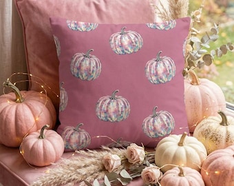 Pastel Pink Disco Pumpkins Pattern Pillow Cover | Little Pumpkin Print Throw Pillow 18×18 20×20 | Pink Blue Pumpkin Fall Halloween Cushion