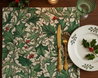 Art Nouveau-tygservetter med järnek | Botaniska juldukar | Vintagetryck med jullöv | Festlig matdekoration med gröna bär