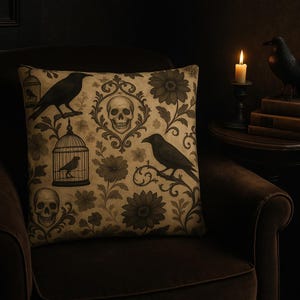 Gotische schedel en kraai bloemenkussenhoes | Zwart/beige vintage Halloween-sierkussen | Dark Academia-schedel en bloemen | Gotische woondecoratie