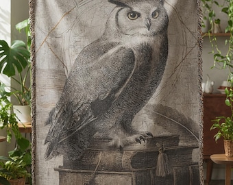 Owl Woven Blanket | Botanical Owl Tapestry Throw | Witchy Home Decor | Dark Academia | Cottagecore Housewarming Gift | Boho Throw Blanket