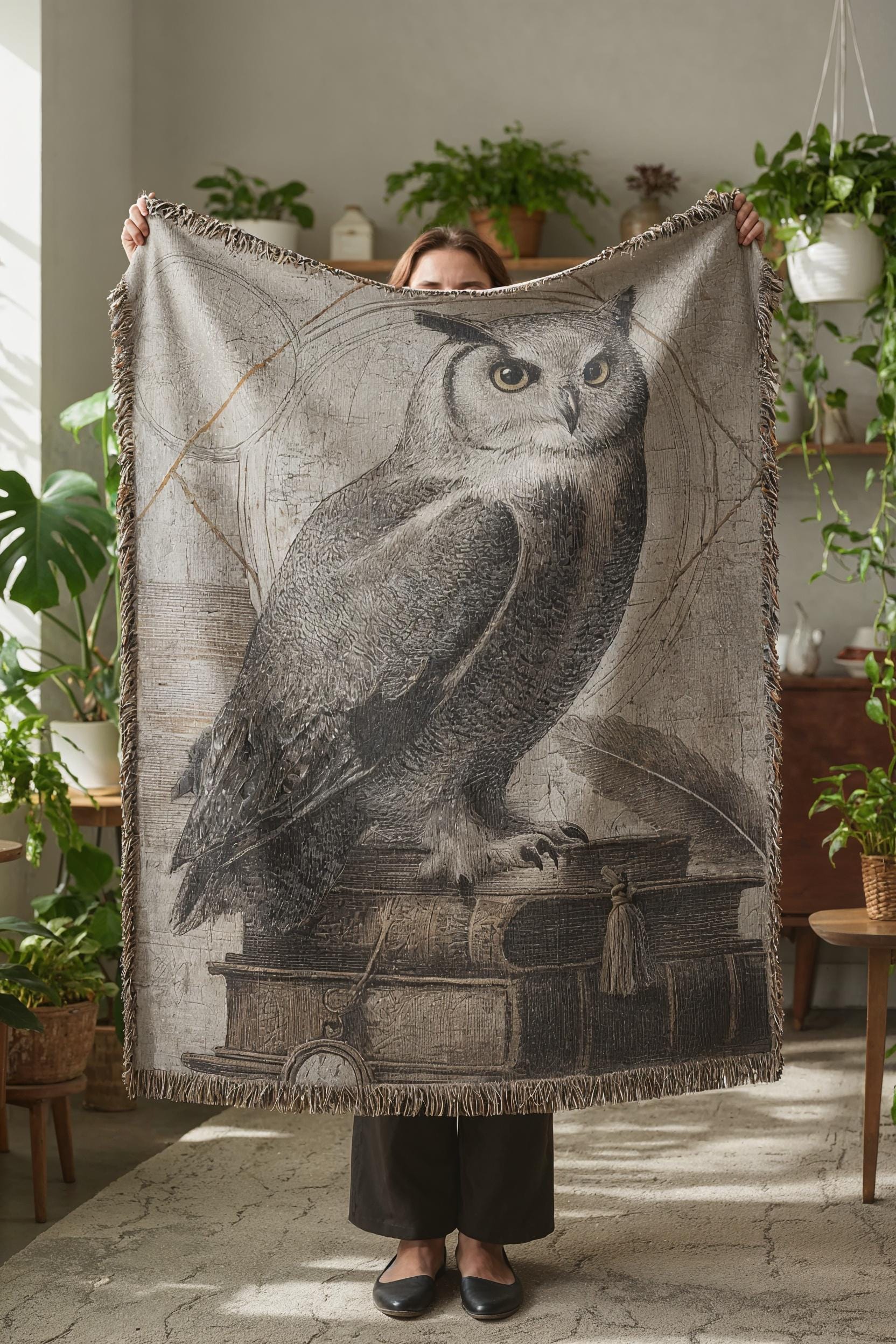 Owl Woven Blanket | Botanical Owl Tapestry Throw | Witchy Home Decor | Dark Academia | Cottagecore H