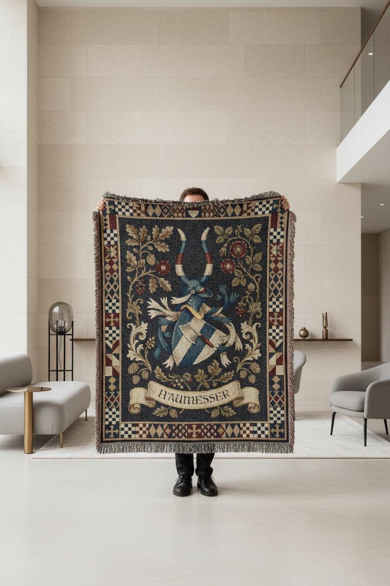 Custom Family Crest Woven Blanket | Personalised Coat of Arms Surname Throw | Medieval Heraldic Tapestry | Castlecore Heritage Keepsake Gift image 2