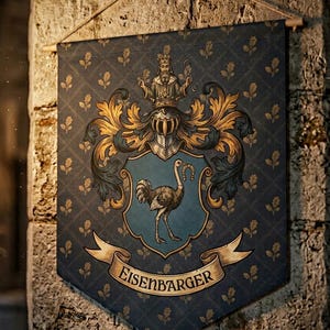 May include: A decorative banner with a crest design. The banner features a blue background with a repeating pattern and gold accents. The crest includes an ostrich holding a horseshoe and the name "EISENBARGER".
