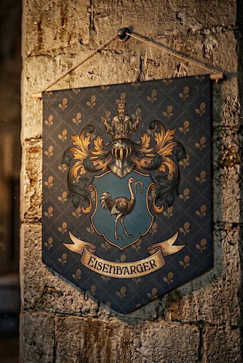 May include: A decorative banner with a crest design. The banner features a blue background with a repeating pattern and gold accents. The crest includes an ostrich holding a horseshoe and the name "EISENBARGER".