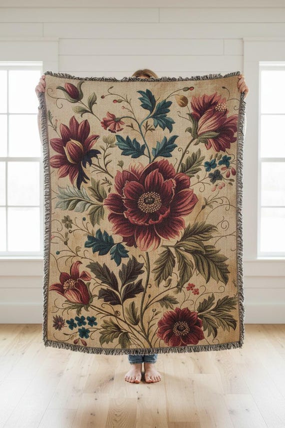 Vintage Floral Tapestry Blanket 60x80 | Cream & Red Botanical Throw | Woven Jacquard Floral Blanket For Sofa/Bed | Cottagecore Gift