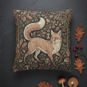 Medieval Millefleur Fox Woven Tapestry Cushion Cover | William Morris Inspired | Cottagecore Woodland Botanical Pillow | Fox Lover Gift image 1
